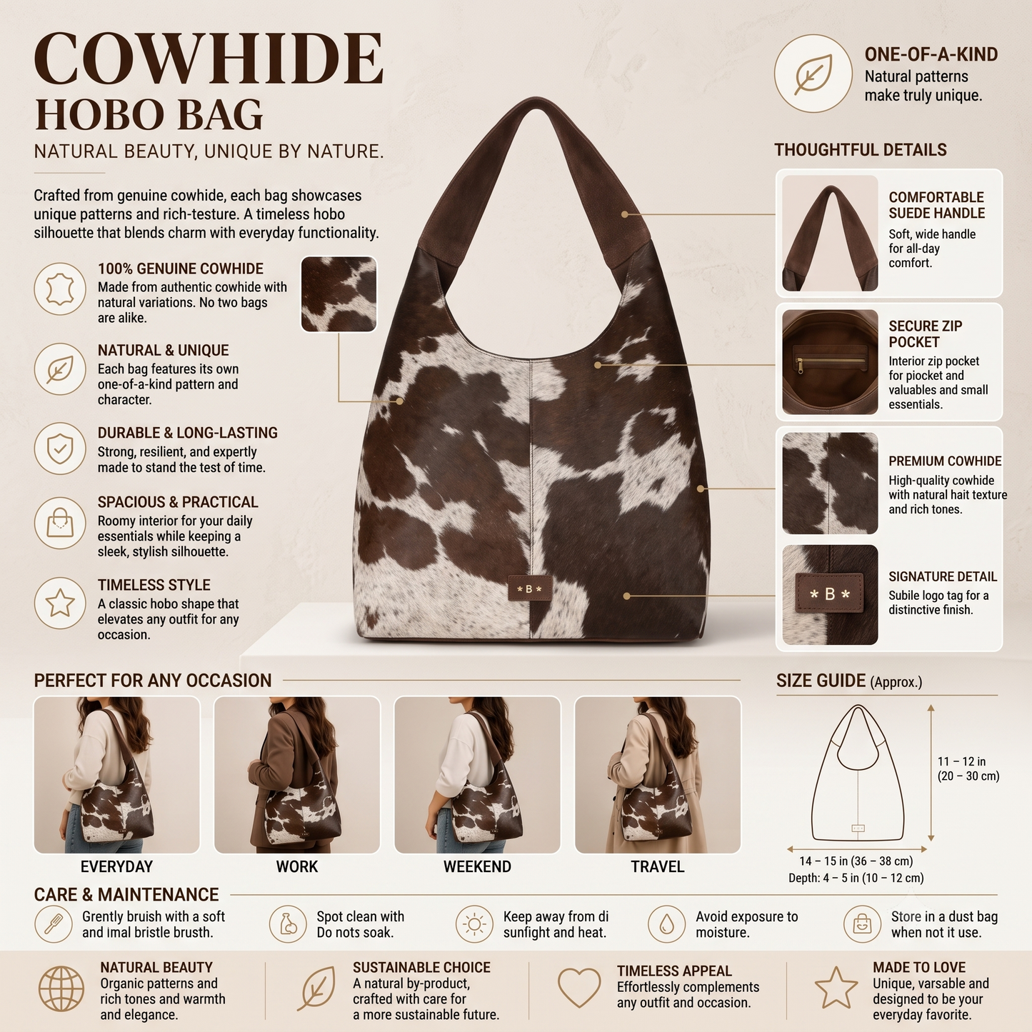 Natural Dark Brown & White Hair-On Cowhide Leather Hobo Bag