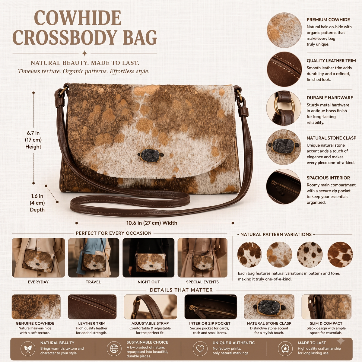 Natural Tan Brown Speckled Hair-On Cowhide Leather Bag