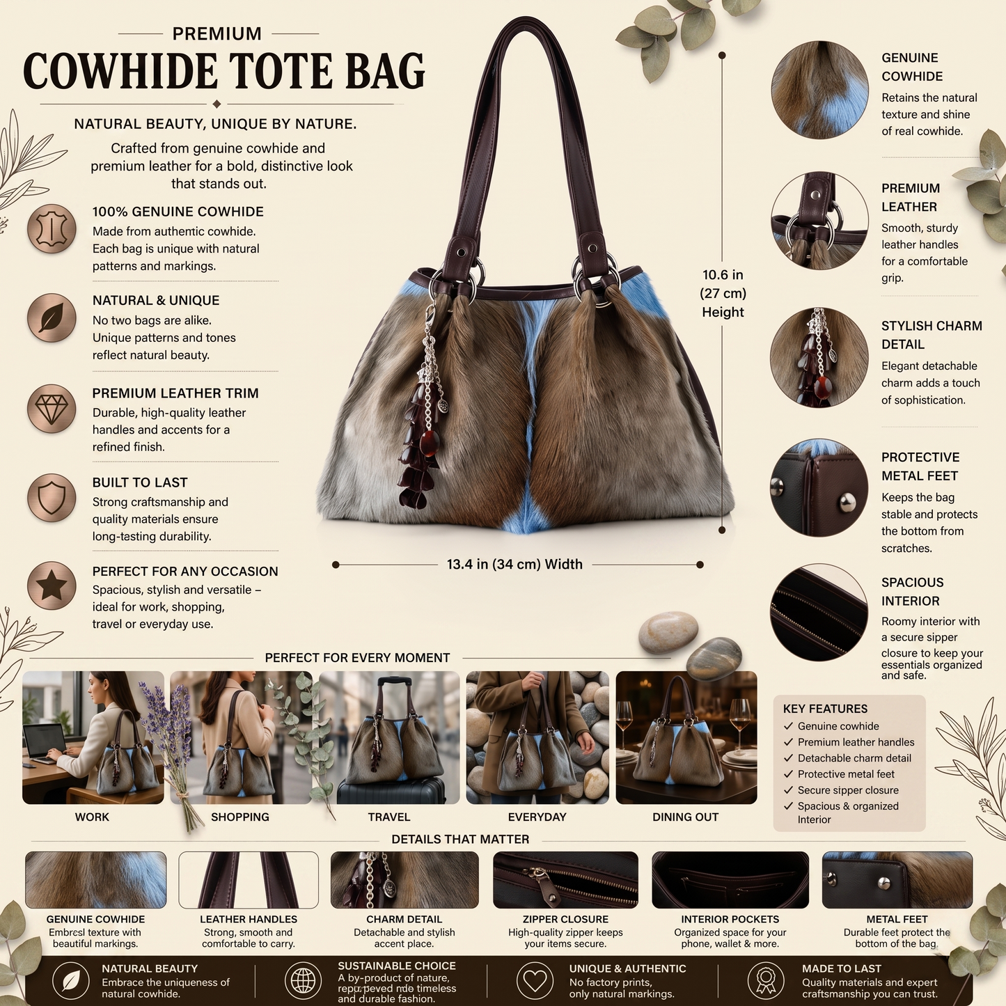 Natural Grey-Brown Hair-On Cowhide Leather Tote Bag