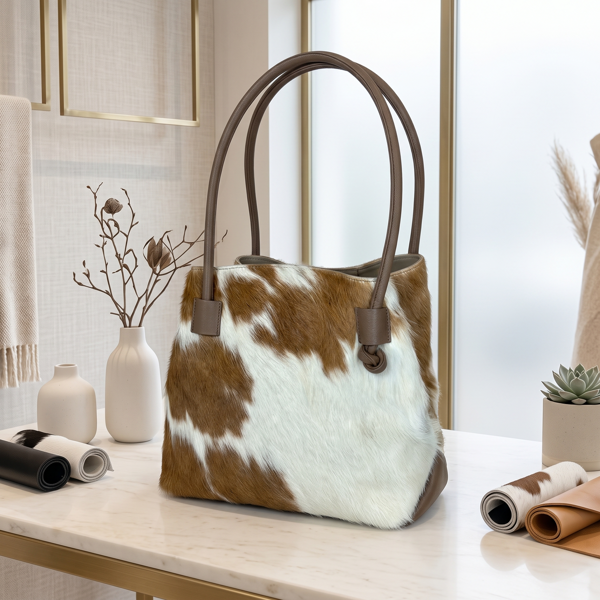 Genuine Tan Brown & White Hair-On Cowhide Leather Shoulder Bag | Handcrafted Western Luxury Tote