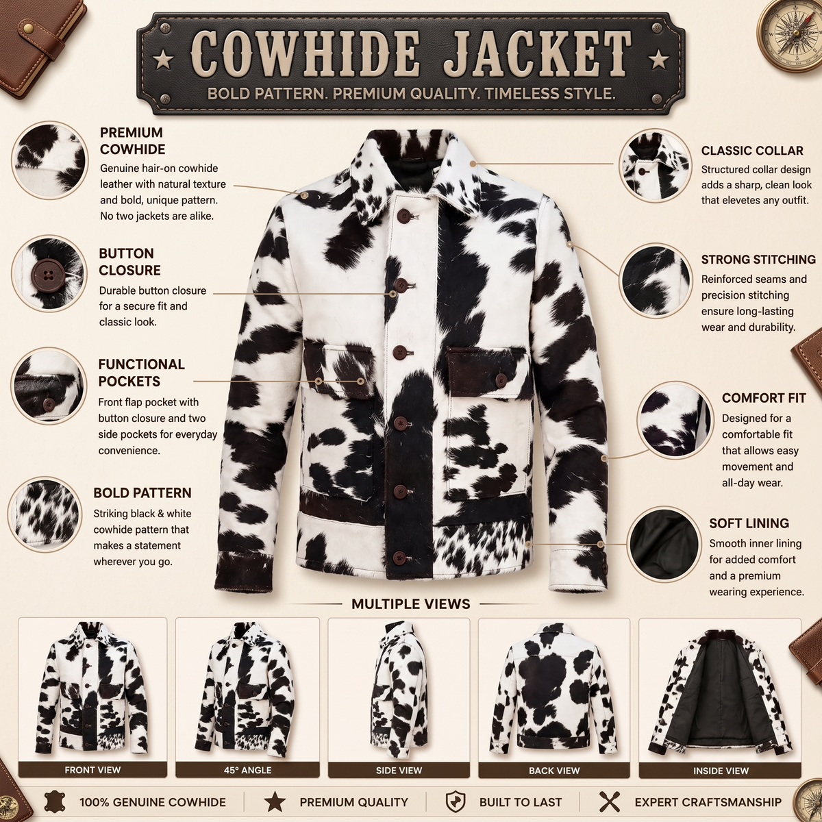 Men's Hair-On Cowhide Leather Jacket Western Black White Contrast Trim Coat S-5XL