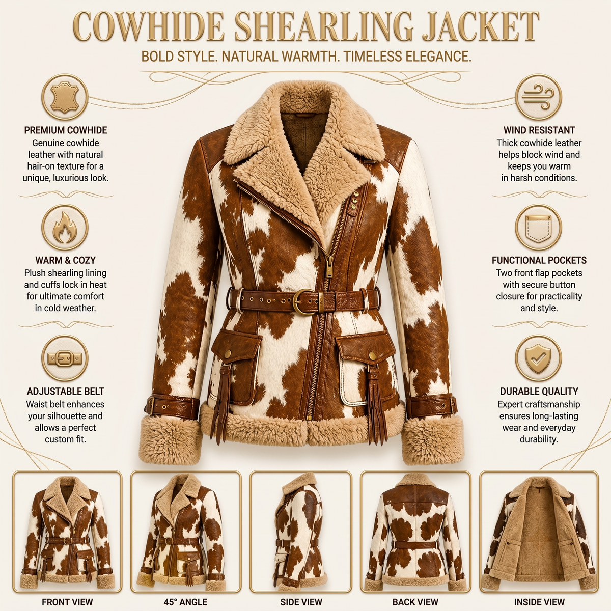 Genuine Leather Cow-Print Shearling-Lined Belted Aviator Jacket For Men And Women