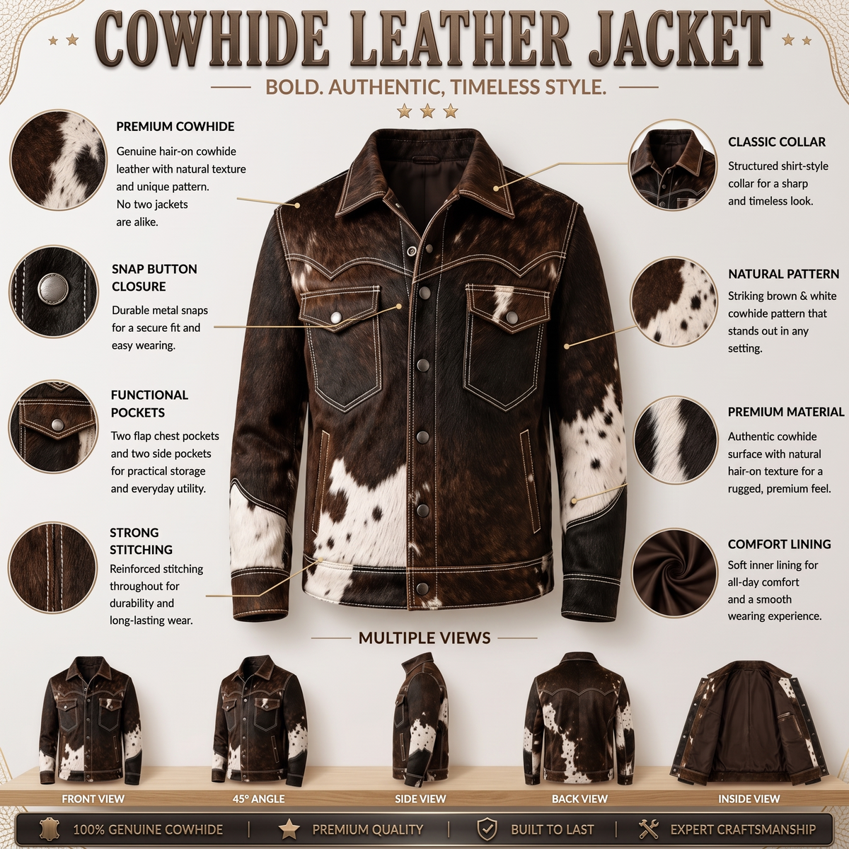 Men's Brown Cowhide Patchwork Western Leather Jacket