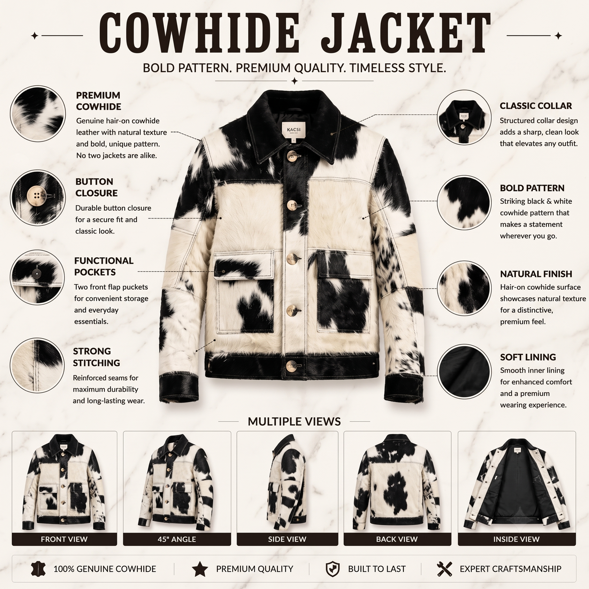 Brown & White Hair-on Cowhide Double-Breasted Trench Jacket