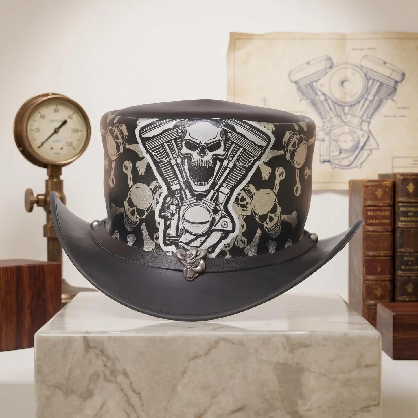 High-Octane Gothic Style Handcrafted Leather Skull & Engine Top Hat