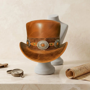 Brown Leather Top Hat: Western Concho Band, Steampunk Victorian Style