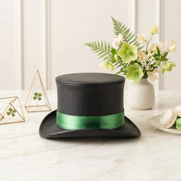 Black Leather Top Hat with Vibrant Green Ribbon Bank Festival Fashion Accessory