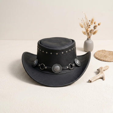 Black Leather Cowboy Hat with Concho Band – Western Biker Festival Wear