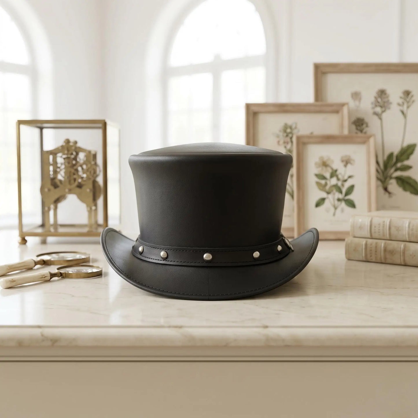 Handmade Black Leather Steampunk Top Hat – Gothic Iron Cross Biker Cap