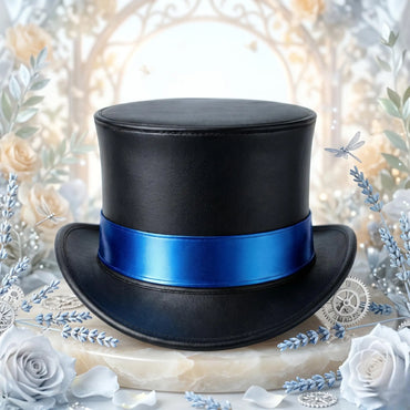 Command the Room Black Leather Top Hat with Metallic Blue Band