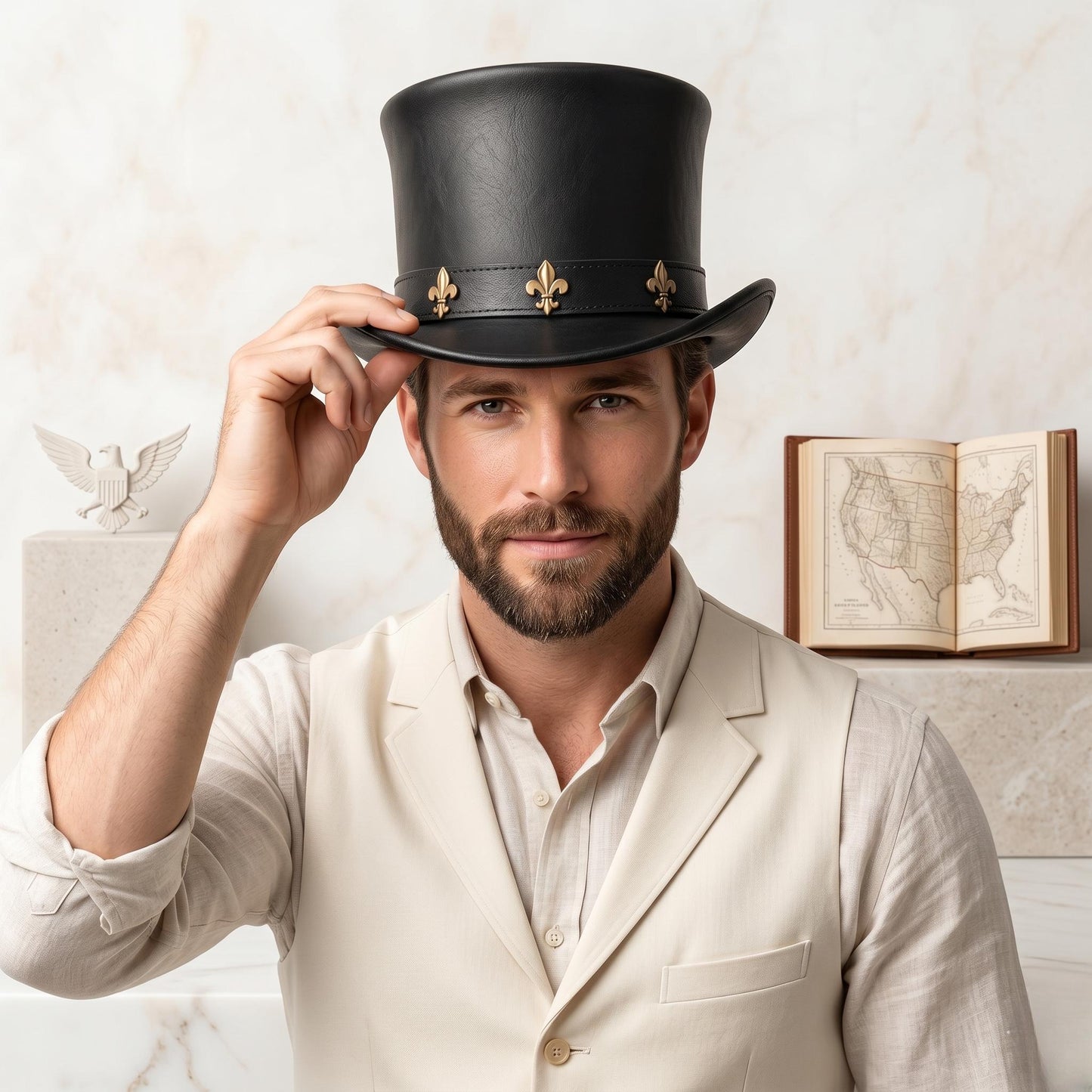 Black Leather Top Hat – Gothic Fleur-de-Lis Steampunk Accessory