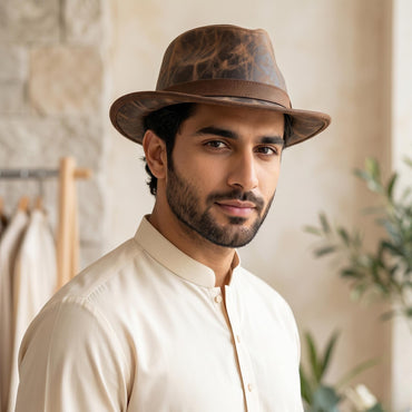 Distressed Brown Leather Fedora Hat – Rugged Vintage Western Style
