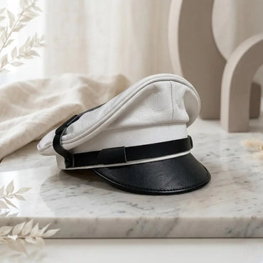 Luxury Handmade White & Black Leather Captain Cap