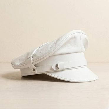 Handmade White Leather Captain Hat – Military Style Statement Cap