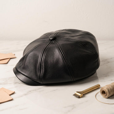 Black Leather Newsboy Cap – Vintage 8-Panel Gatsby Hat