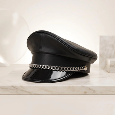 Black Leather Biker Cap with Silver Chain | Gothic & Military Officer Hat