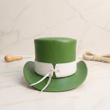 Elegant Green Leather Top Hat with White Band – Classic Vintage Silhouette