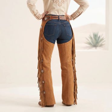 Women’s Brown Leather Fringe Chaps | Western Cowgirl Rodeo Pants