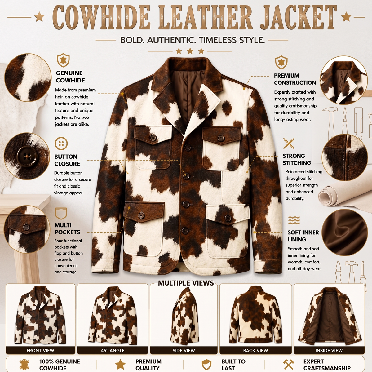 Men’s Brown & White Cow-Print Western Blazer Jacket