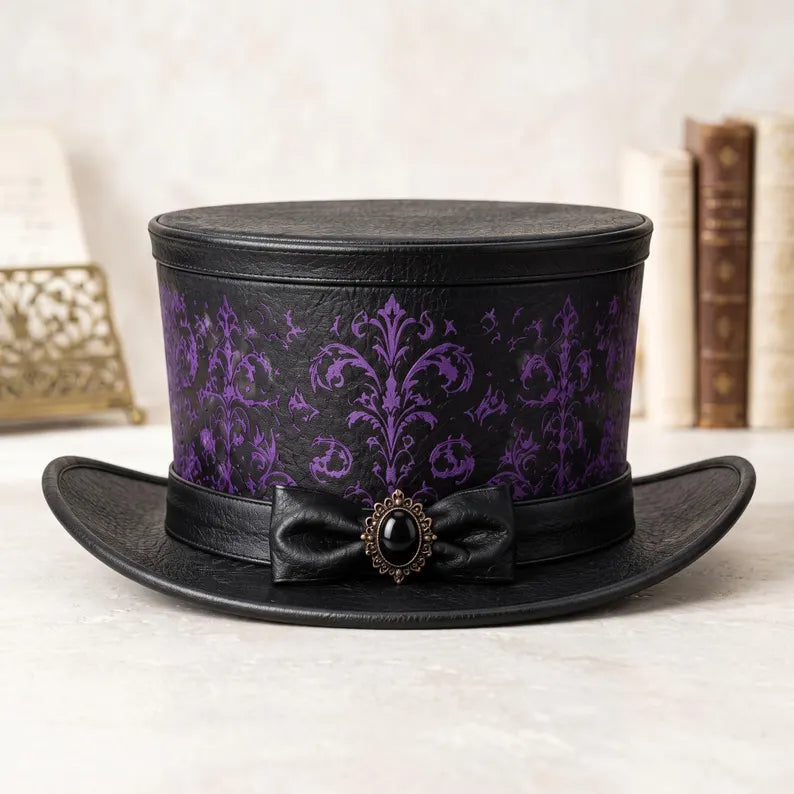Handcrafted Gothic Victorian Top Hat – Black Genuine Leather with Purple Damask Pattern