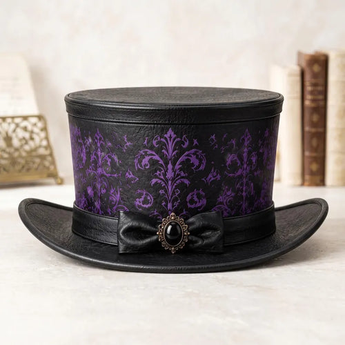 Handcrafted Gothic Victorian Top Hat – Black Genuine Leather with Purple Damask Pattern
