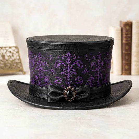 Handcrafted Gothic Victorian Top Hat – Black Genuine Leather with Purple Damask Pattern