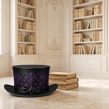 Handcrafted Gothic Victorian Top Hat – Black Genuine Leather with Purple Damask Pattern