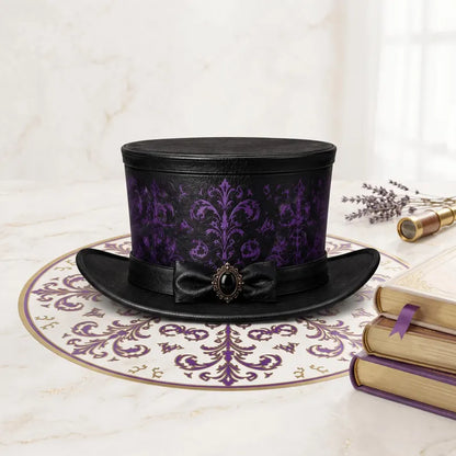 Handcrafted Gothic Victorian Top Hat – Black Genuine Leather with Purple Damask Pattern