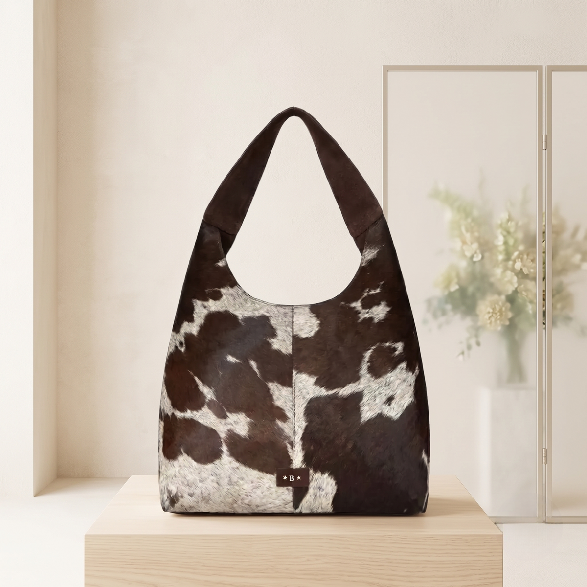 Natural Dark Brown & White Hair-On Cowhide Leather Hobo Bag