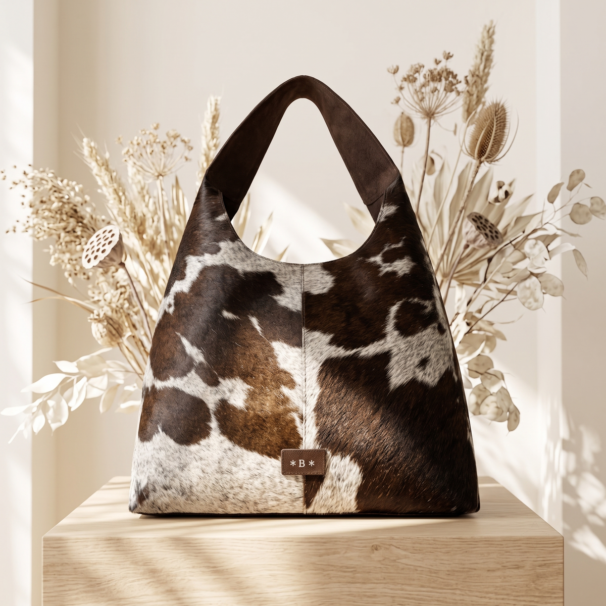 Natural Dark Brown & White Hair-On Cowhide Leather Hobo Bag