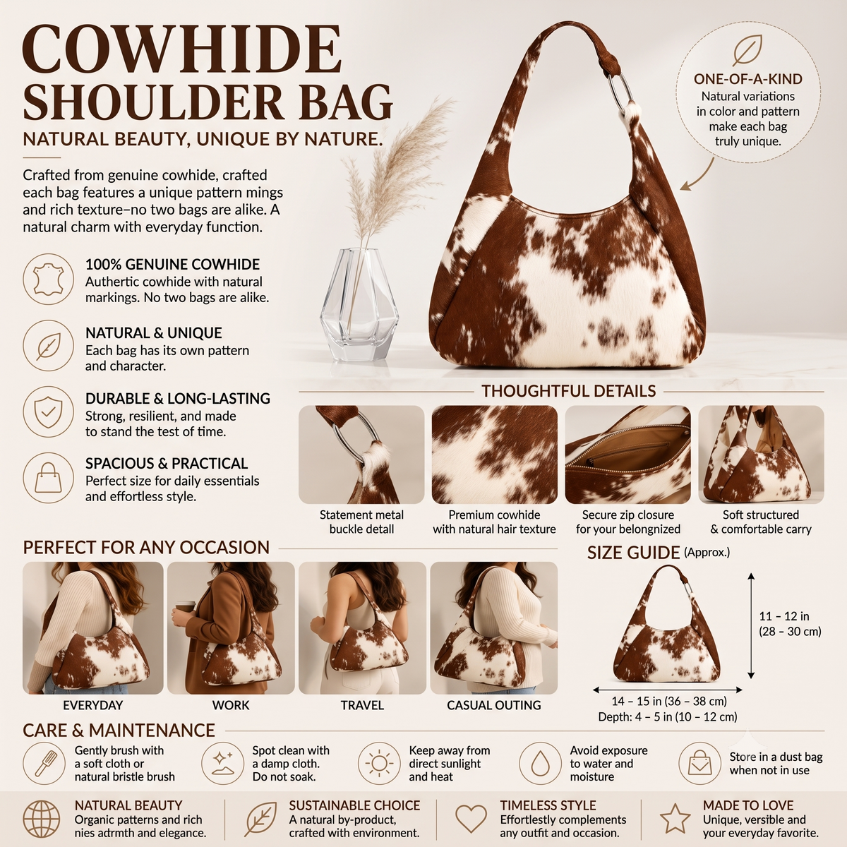Premium Natural Brown & White Hair-On Cowhide Leather Bag