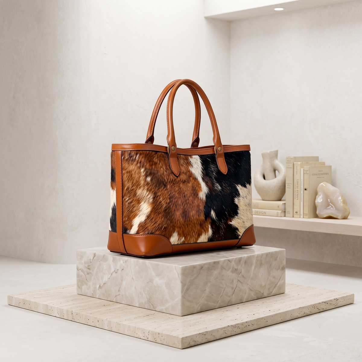 Natural Tan, Brown, Black & White Hair-On Cowhide Leather Tote Bag