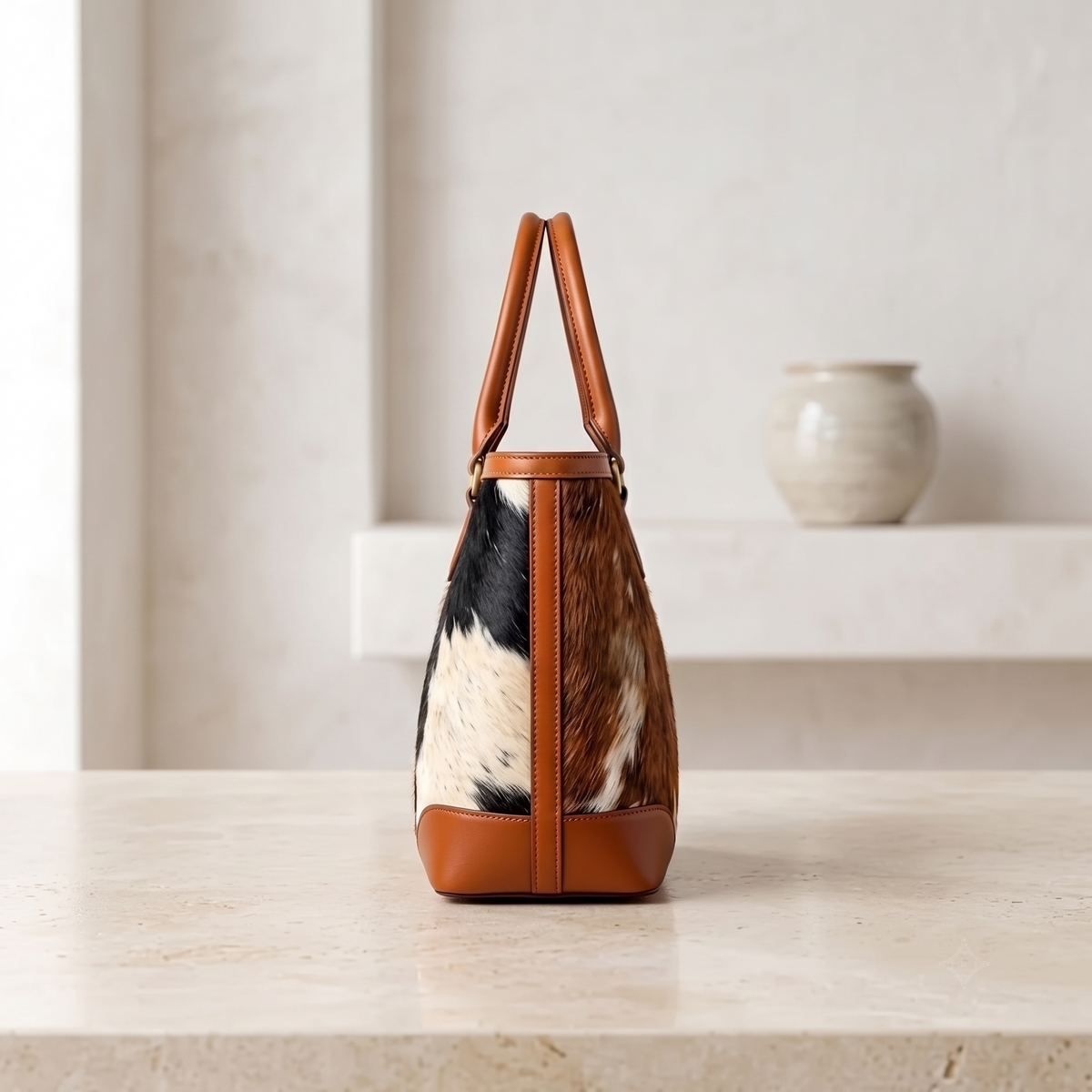 Natural Tan, Brown, Black & White Hair-On Cowhide Leather Tote Bag