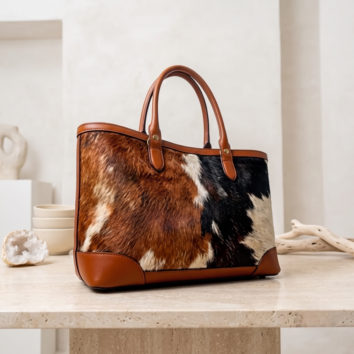 Natural Tan, Brown, Black & White Hair-On Cowhide Leather Tote Bag