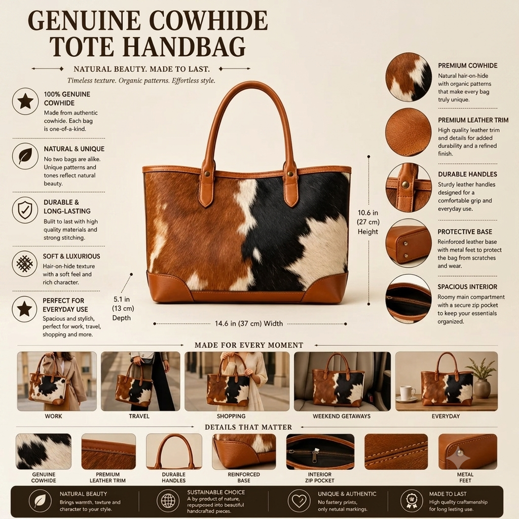Natural Tan, Brown, Black & White Hair-On Cowhide Leather Tote Bag