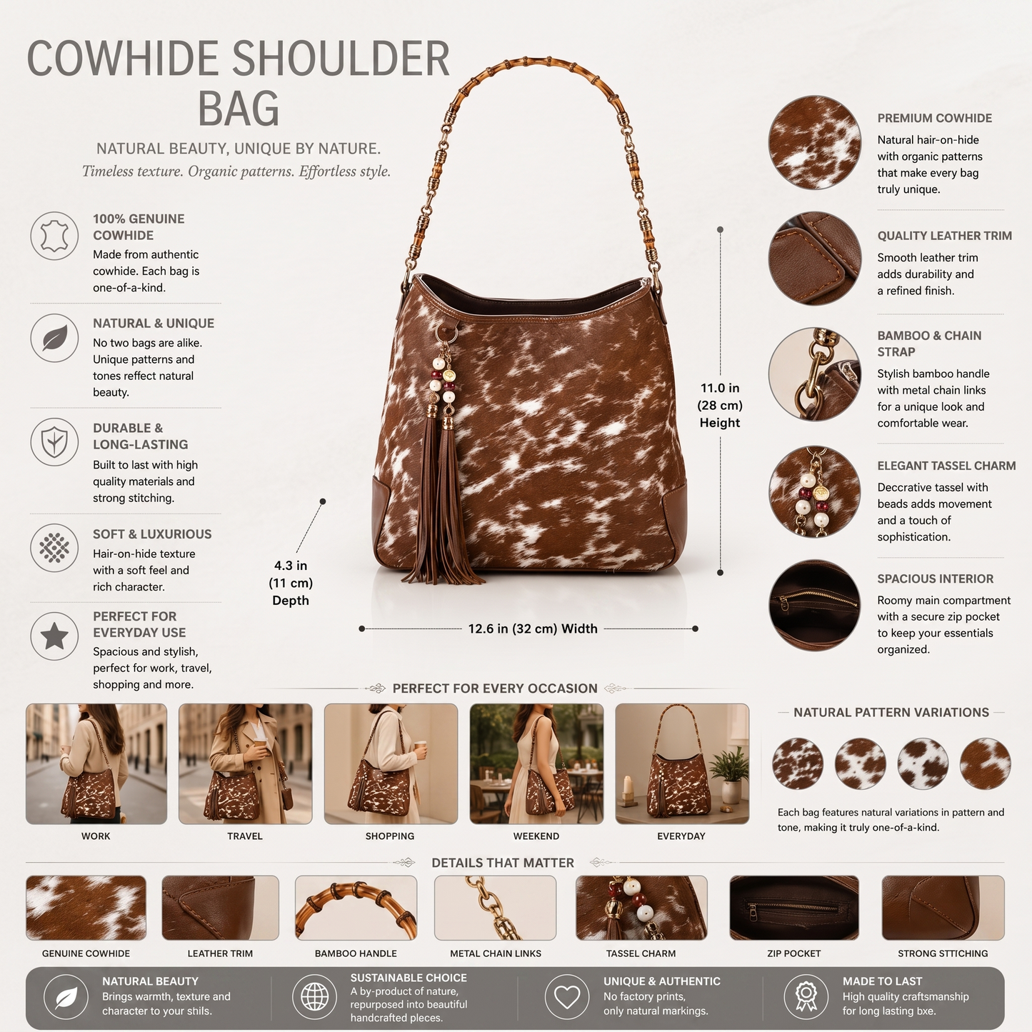 Natural Brown & White Speckled Hair-On Cowhide Leather Bag