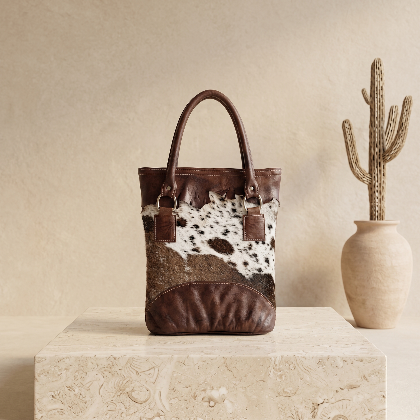 Natural Dark Brown & White Hair-On Cowhide Leather Tote Bag