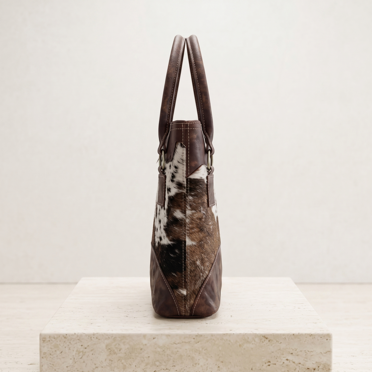 Natural Dark Brown & White Hair-On Cowhide Leather Tote Bag