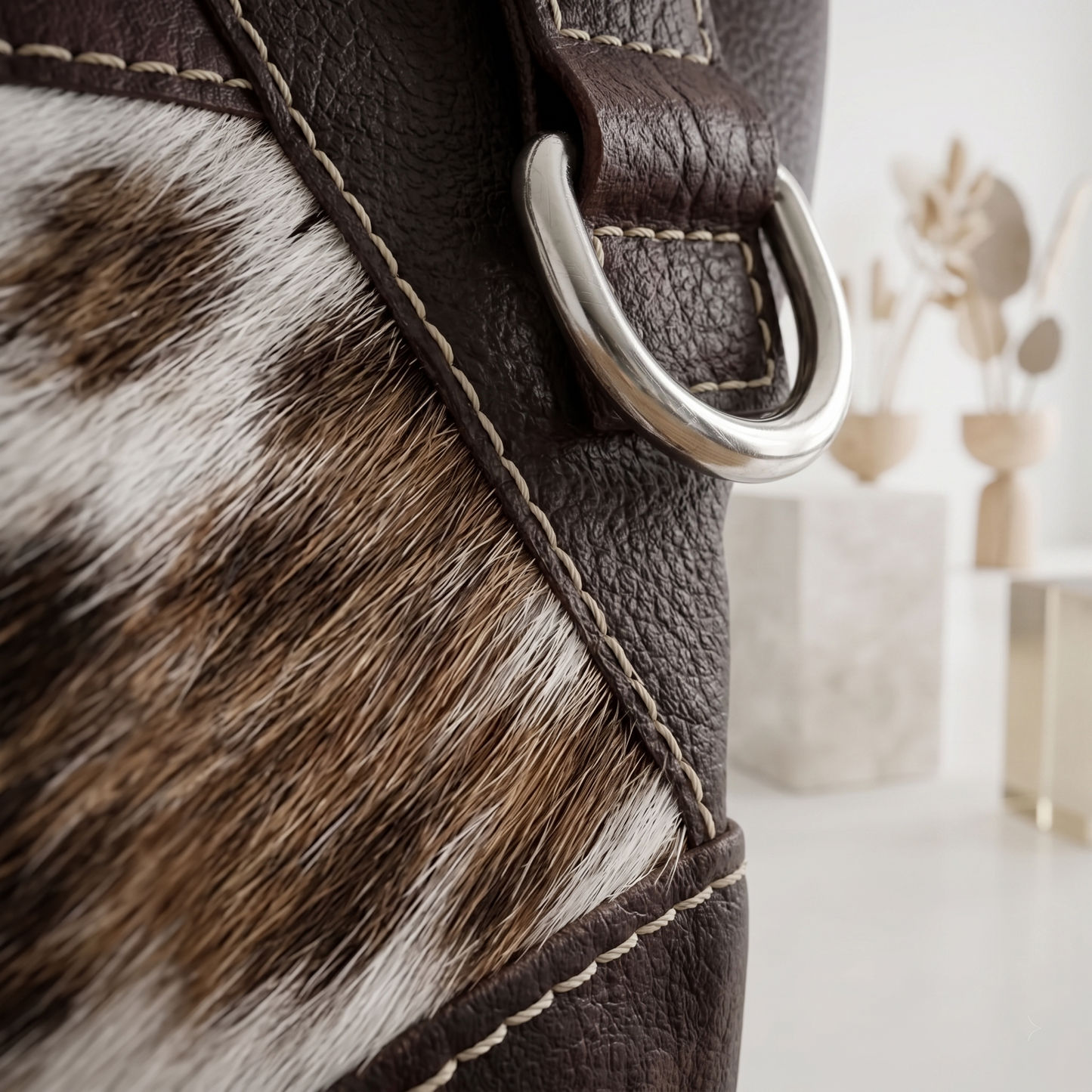 Natural Dark Brown & White Hair-On Cowhide Leather Tote Bag