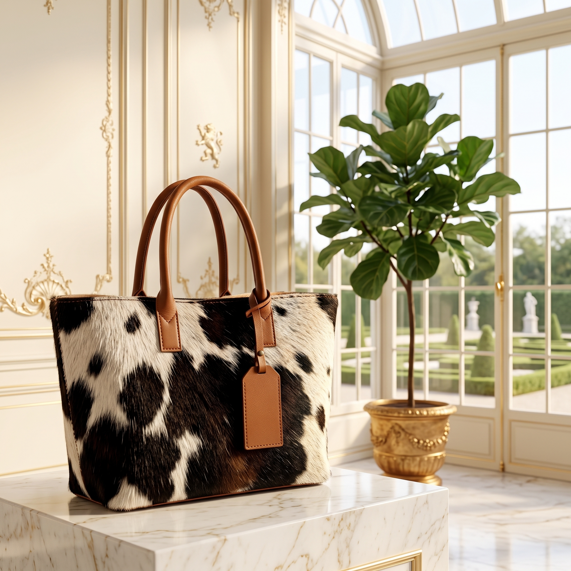 Natural Tricolor Black, Brown & Cream Hair-On Cowhide Leather Tote Bag