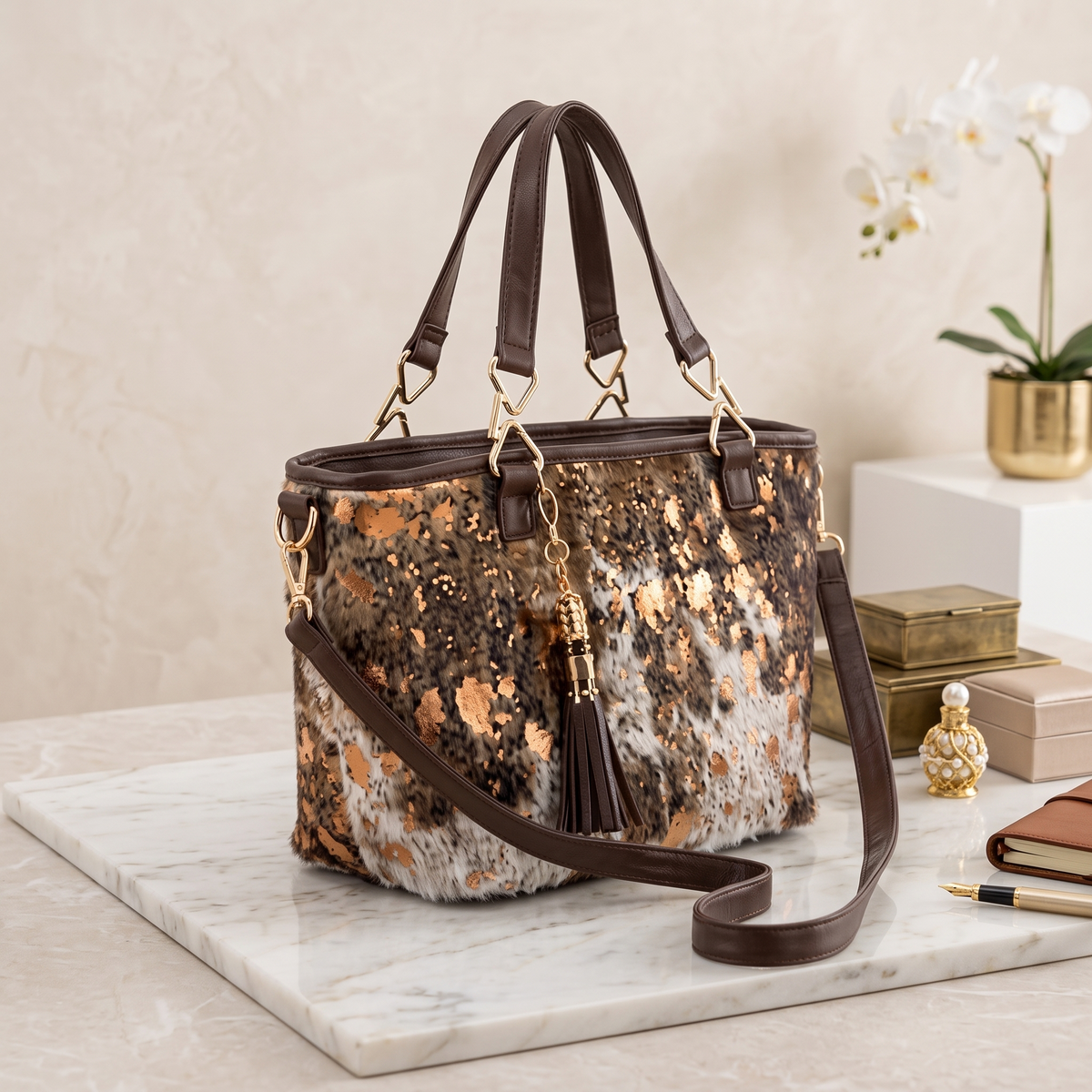 Handcrafted Genuine Cowhide Leather Tote Bag | Natural Speckled Hair-on-Hide Western Shoulder Bag & Handbag for Women