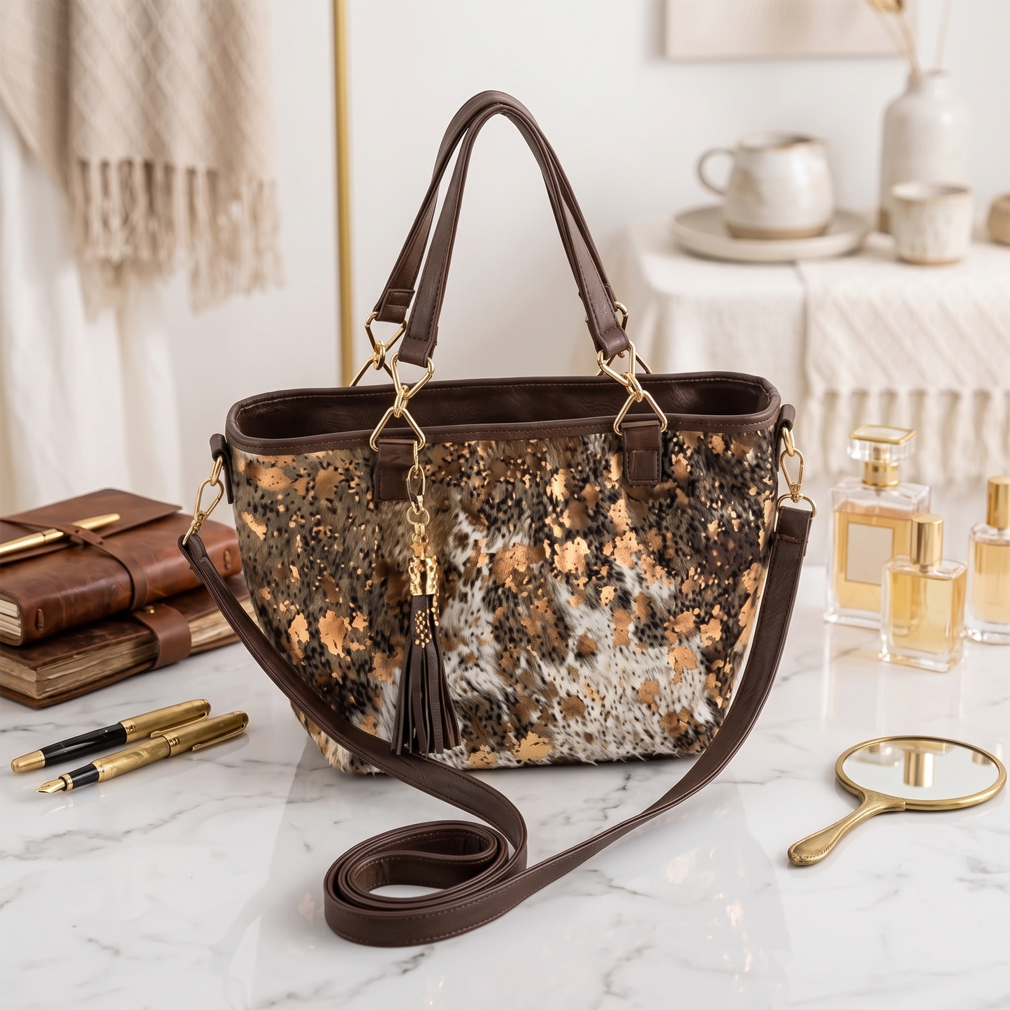 Handcrafted Genuine Cowhide Leather Tote Bag | Natural Speckled Hair-on-Hide Western Shoulder Bag & Handbag for Women
