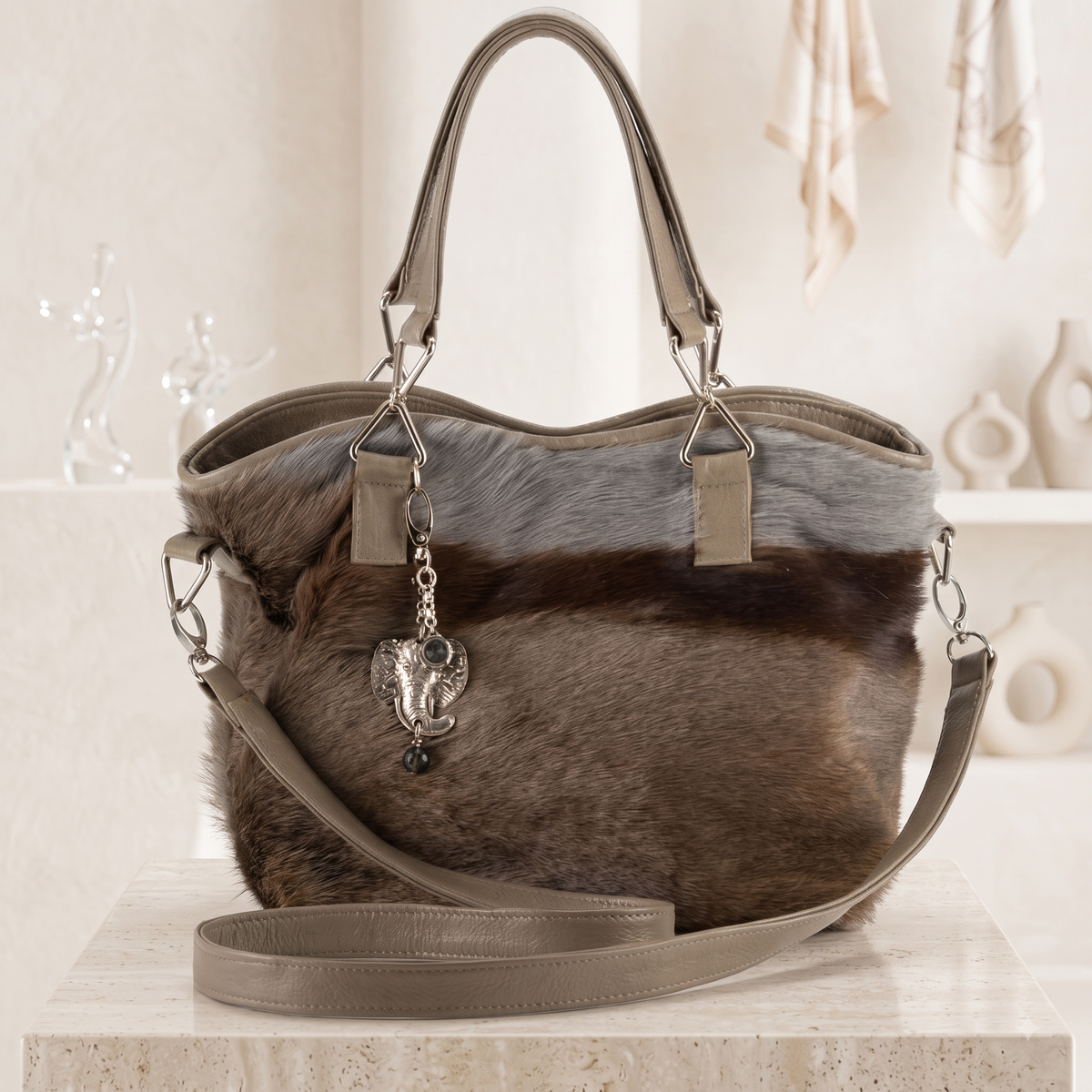 Natural Taupe Brown Hair-On Cowhide Leather Tote Bag