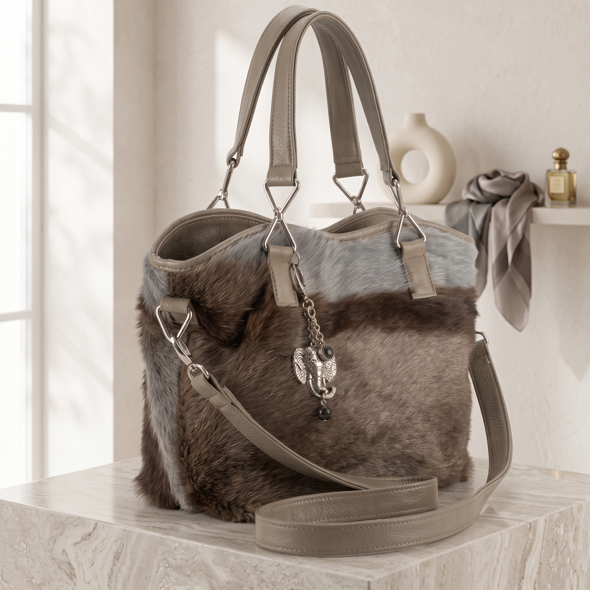 Natural Taupe Brown Hair-On Cowhide Leather Tote Bag