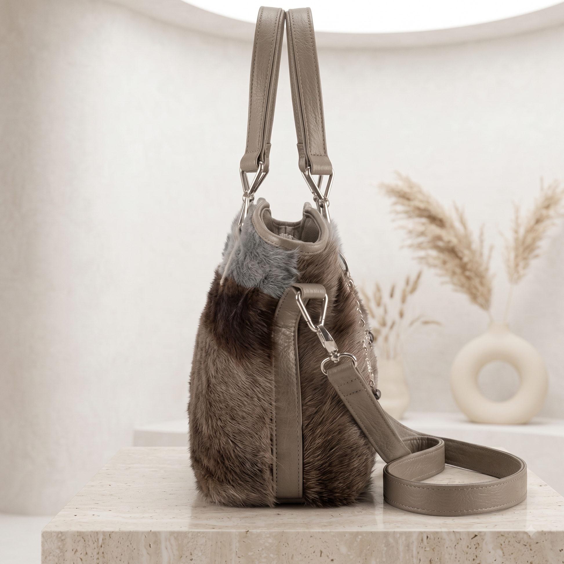 Natural Taupe Brown Hair-On Cowhide Leather Tote Bag