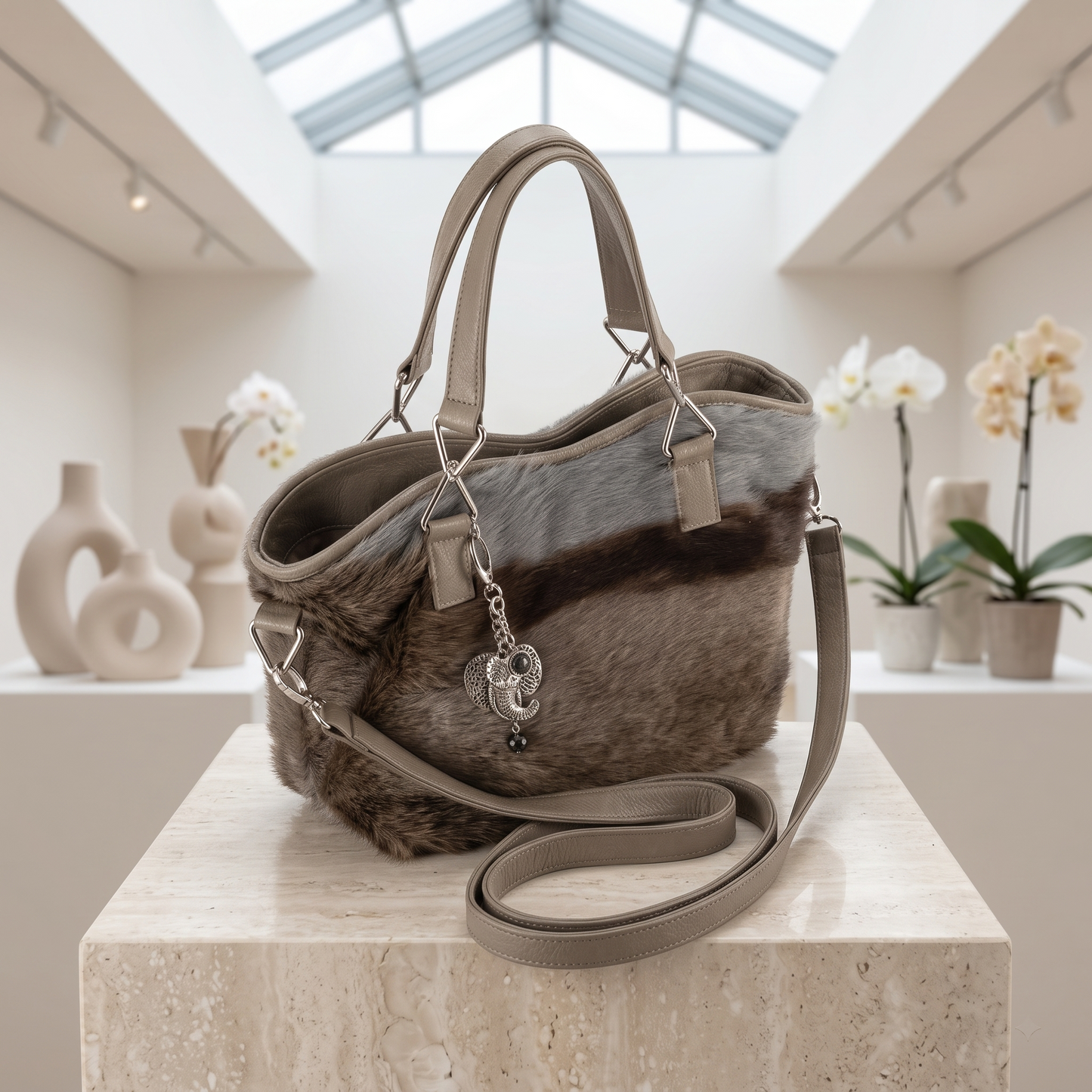 Natural Taupe Brown Hair-On Cowhide Leather Tote Bag