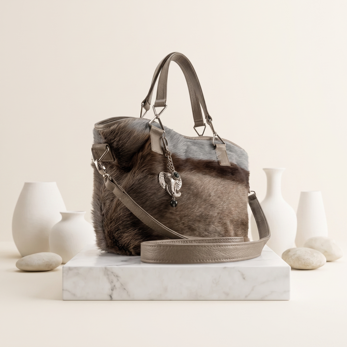 Natural Taupe Brown Hair-On Cowhide Leather Tote Bag