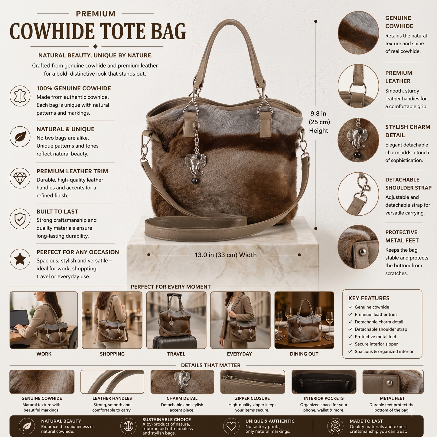 Natural Taupe Brown Hair-On Cowhide Leather Tote Bag