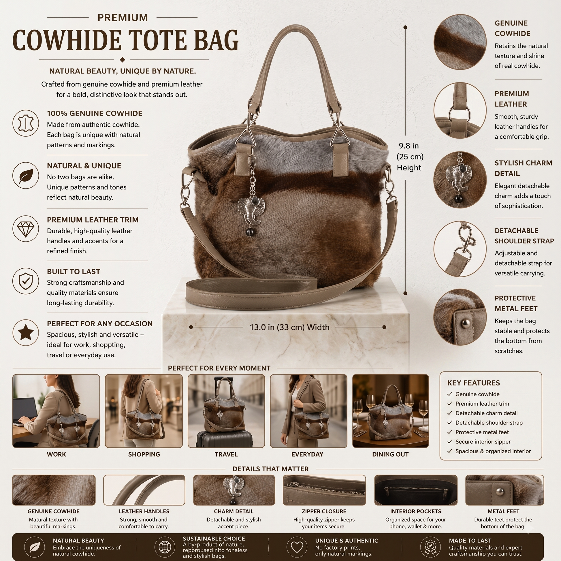 Natural Taupe Brown Hair-On Cowhide Leather Tote Bag