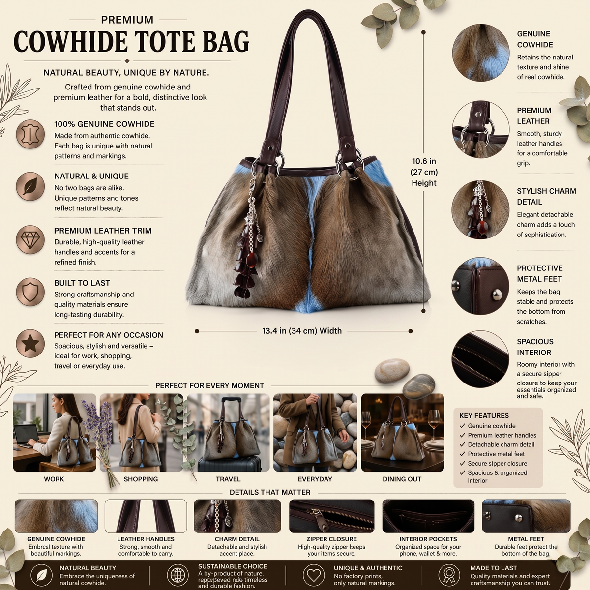 Natural Grey-Brown Hair-On Cowhide Leather Tote Bag